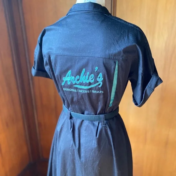 Tatyana Retro Belted Bowling Shirtwaist Dress in Black Turquoise Teal Harlequin - Picture 7 of 7